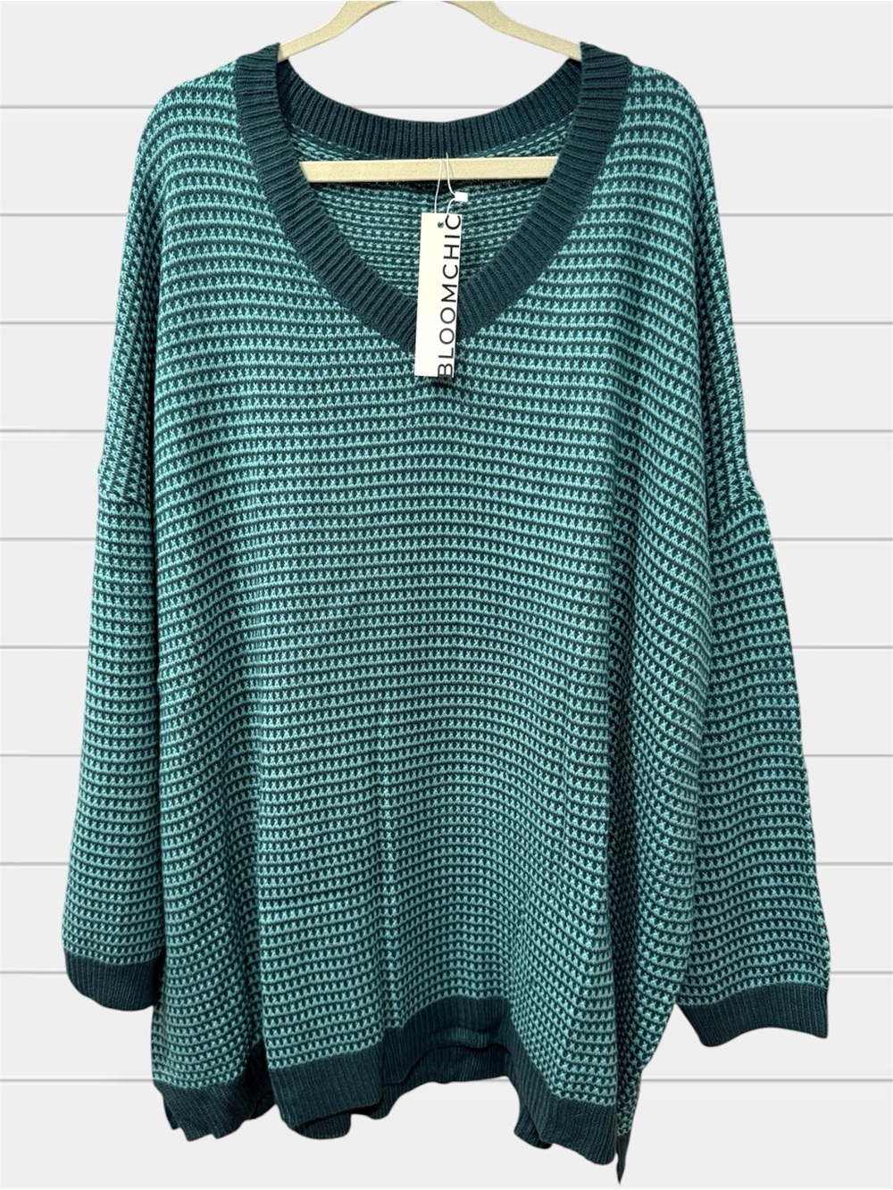 BloomChic Teal and Dark Teal V-Neck Sweater